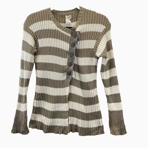 Neesh by D.A.R. Striped Ribbed Cardigan Women M Olive Green Button Front